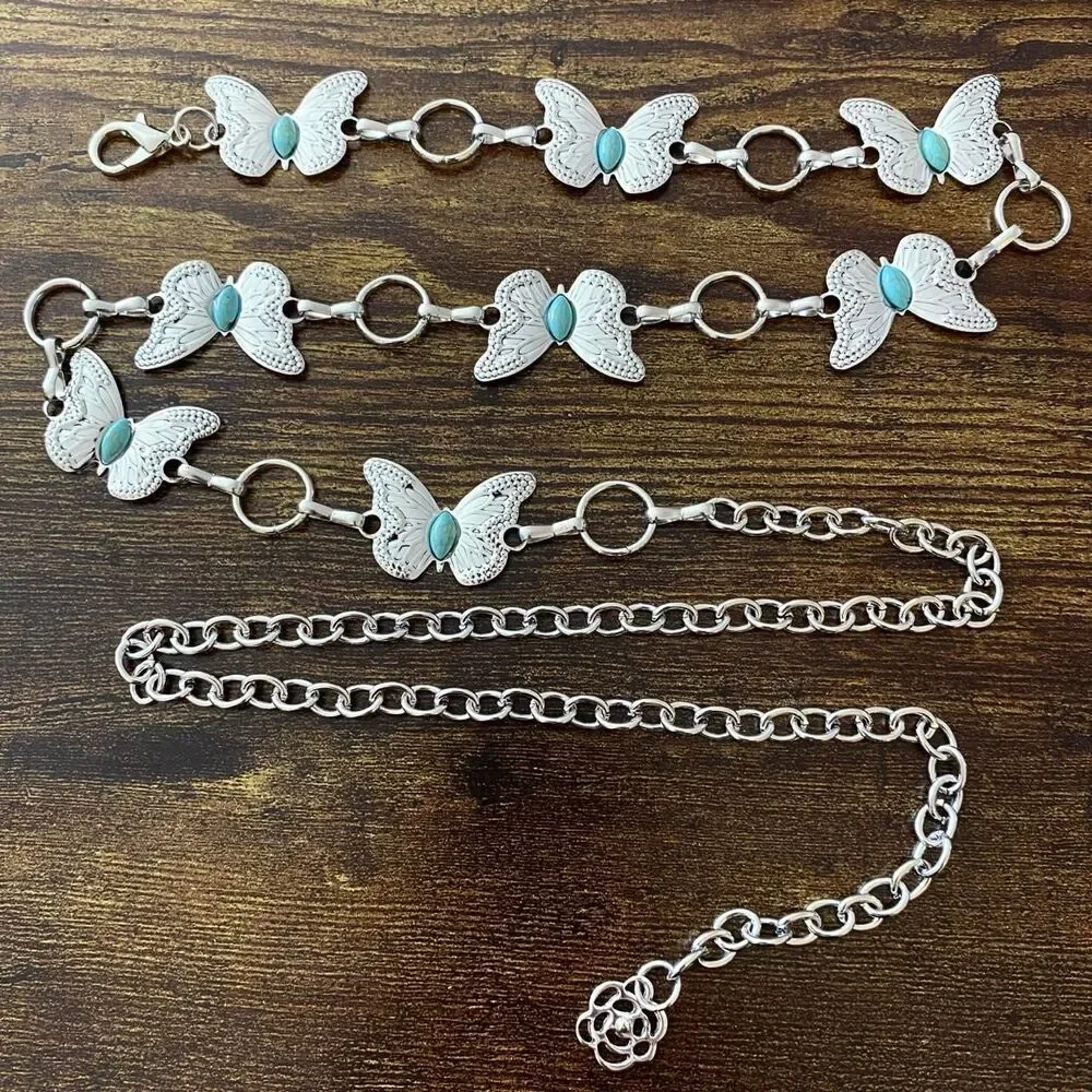 Silver Y2K Western Butterfly Turquoise Chain Belt, Fits 24-42 Inches, X7GA1343